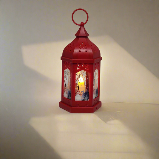 Red LED Lantern with Winter Scene and Snowflakes