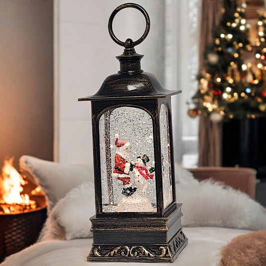 Divas World Illuminated Santa Lantern with Musical Snow Globe - Festive Christmas Decoration