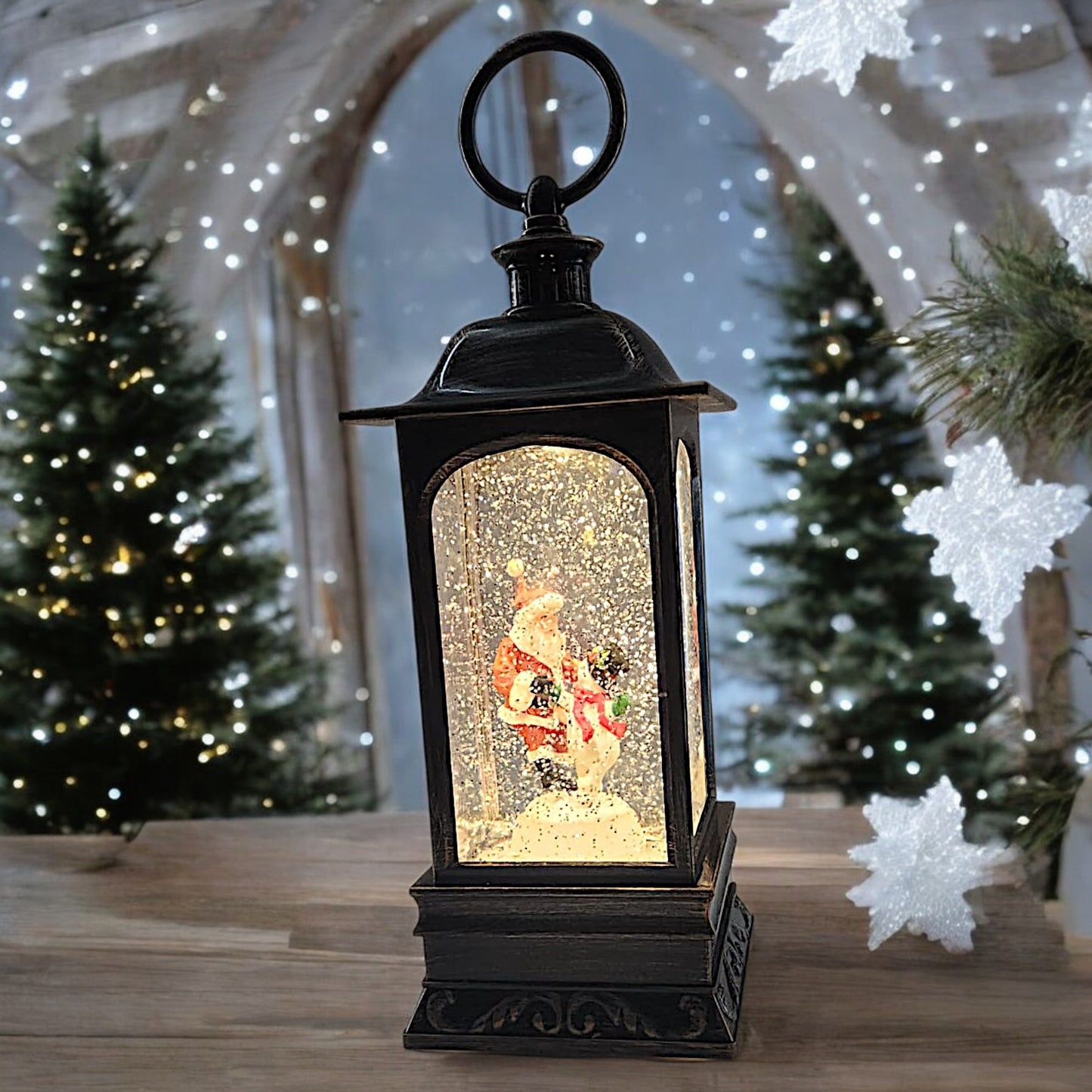 Divas World Illuminated Santa Lantern with Musical Snow Globe - Festive Christmas Decoration