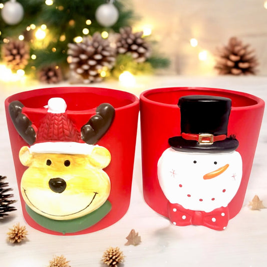 Divas World Christmas Snowman and Reindeer Planter Pots - Festive Home Decor