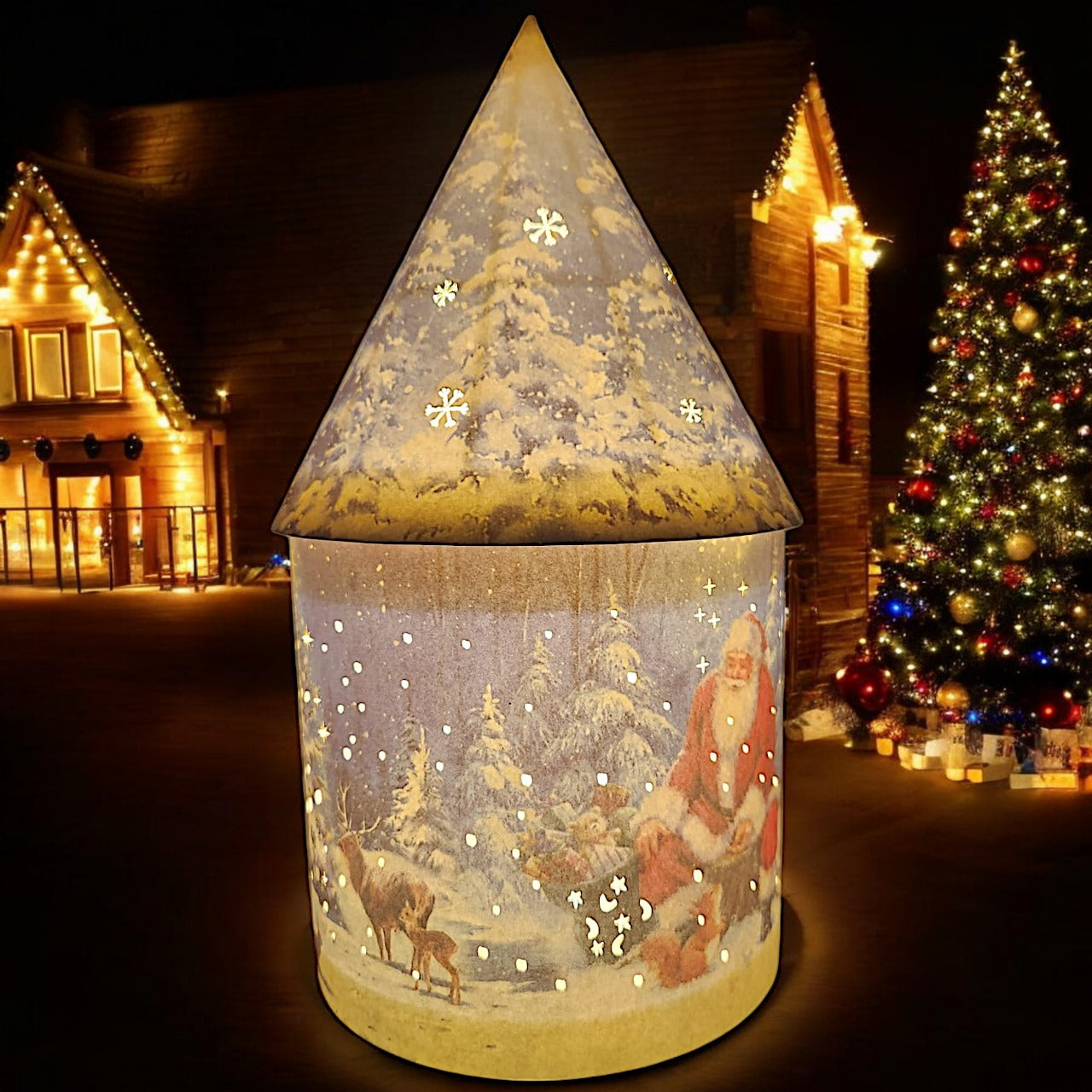 Festive LED Lantern: Winter Village Scene with Santa