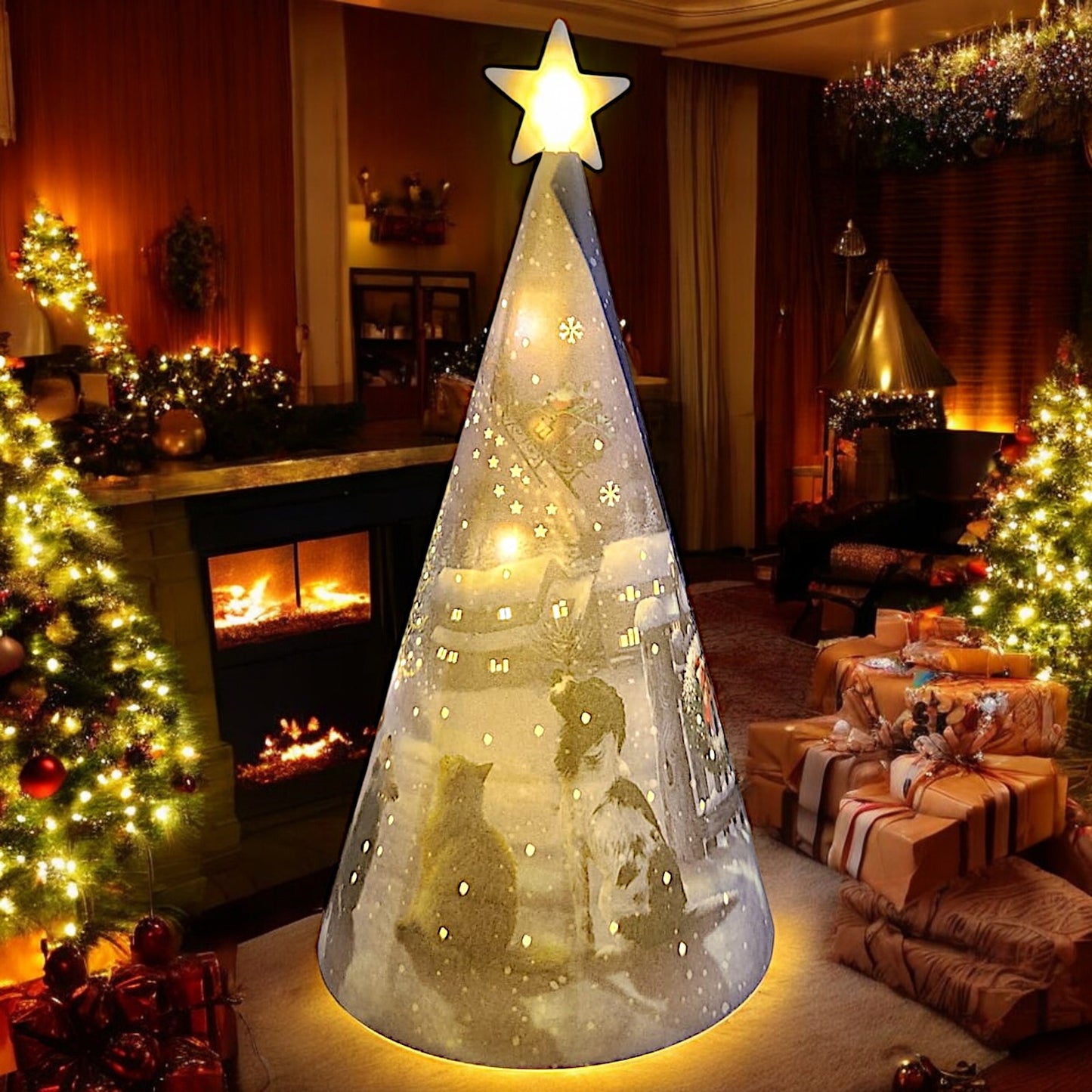 Decorative LED Christmas Tree Nightlight with Snowy Village and Animals