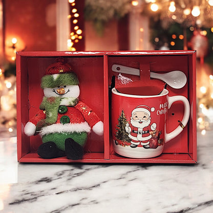 Festive Christmas Mug Set with Snowman Plush and Spoon