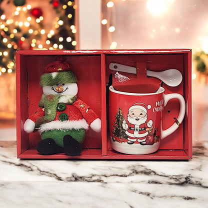 Festive Christmas Mug Set with Snowman Plush and Spoon