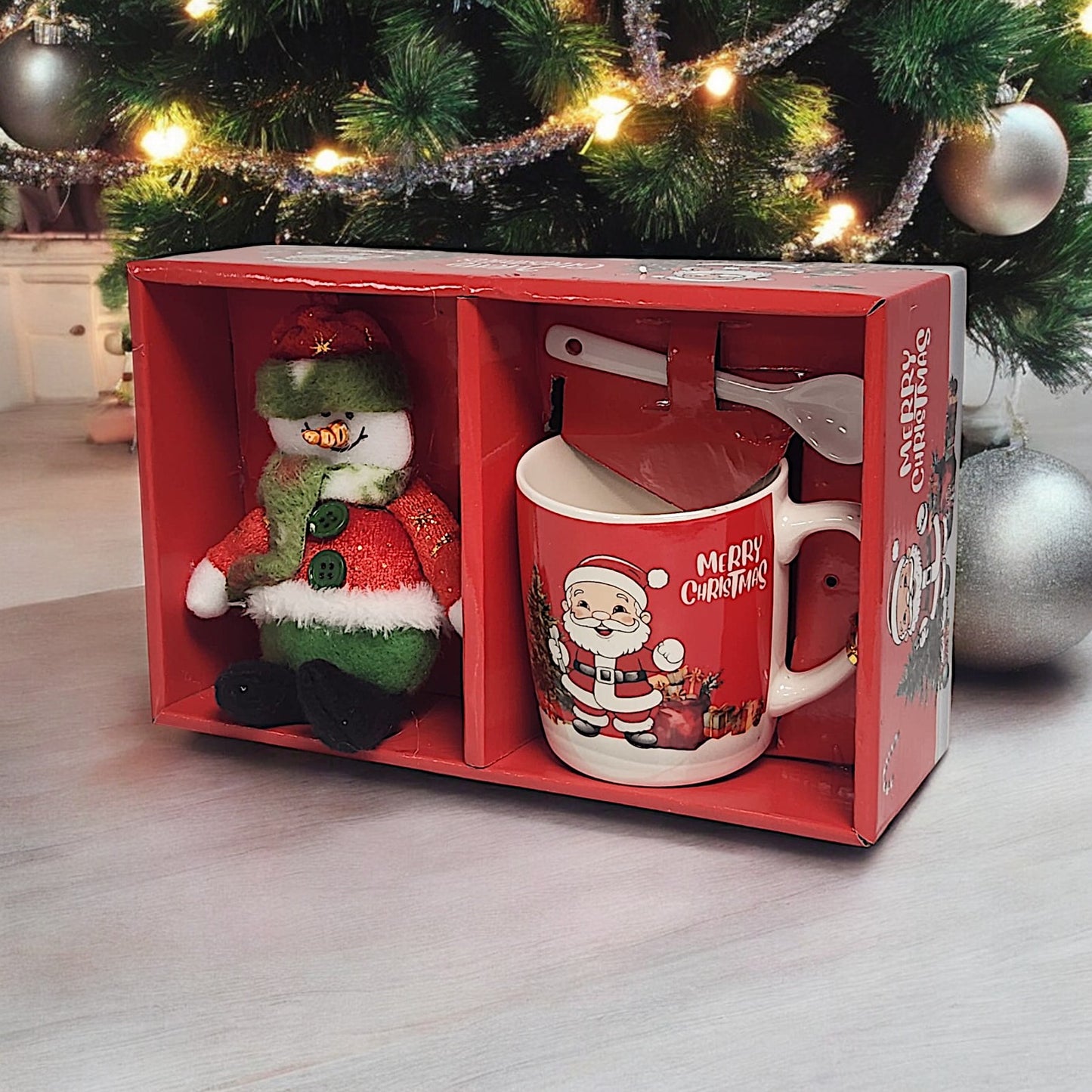 Festive Christmas Mug Set with Snowman Plush and Spoon