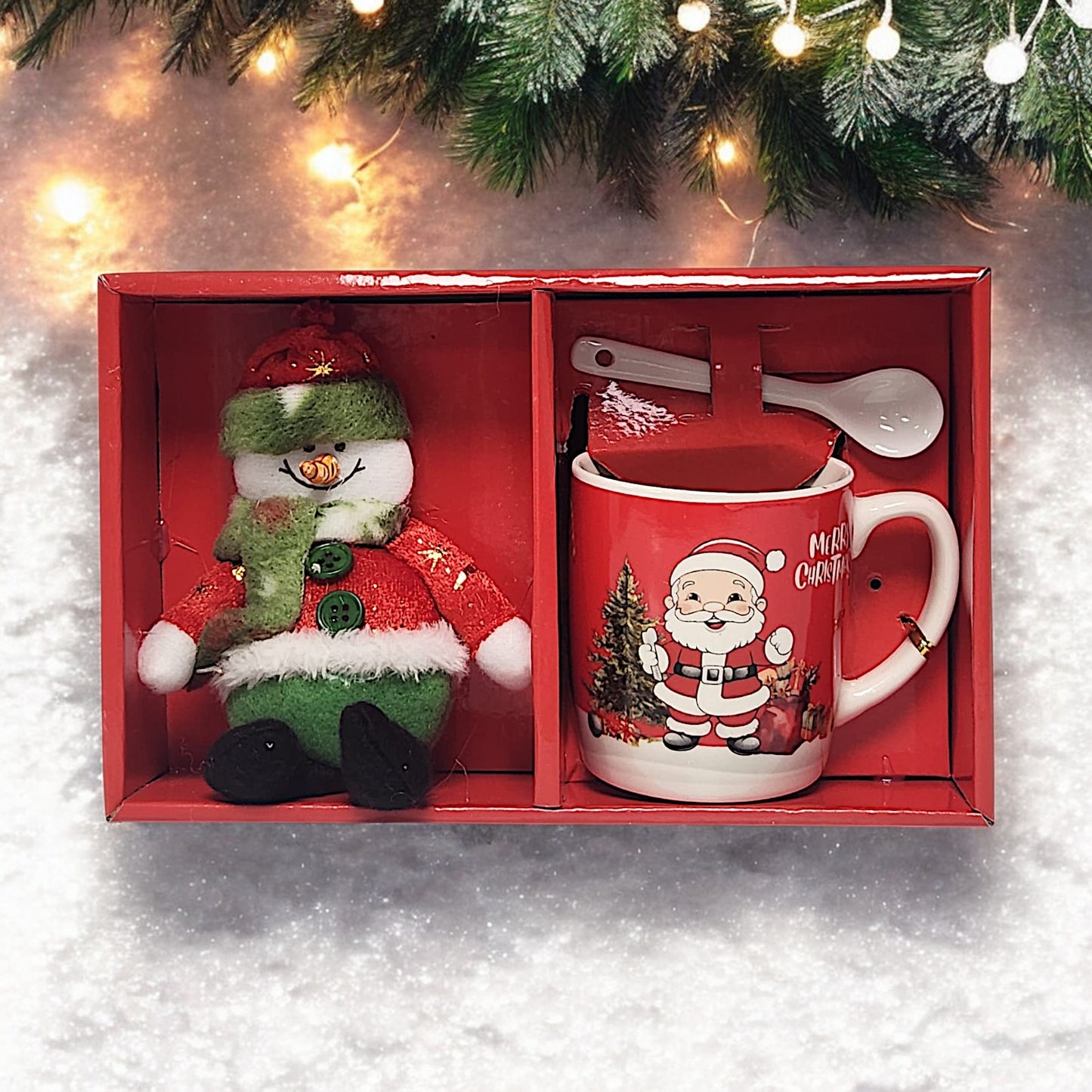 Festive Christmas Mug Set with Snowman Plush and Spoon