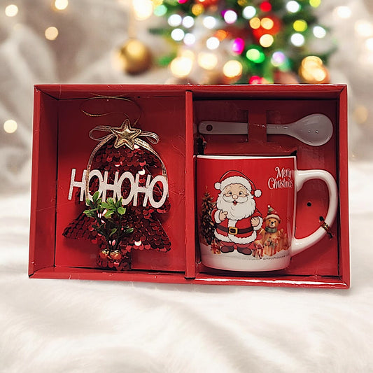 Festive Christmas Mug Set with Ho Ho Ho Decoration