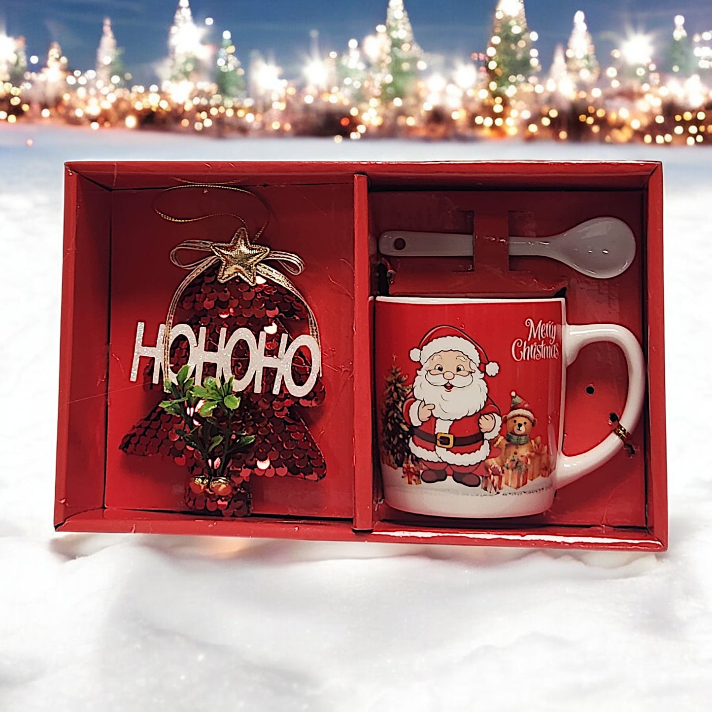 Festive Christmas Mug Set with Ho Ho Ho Decoration