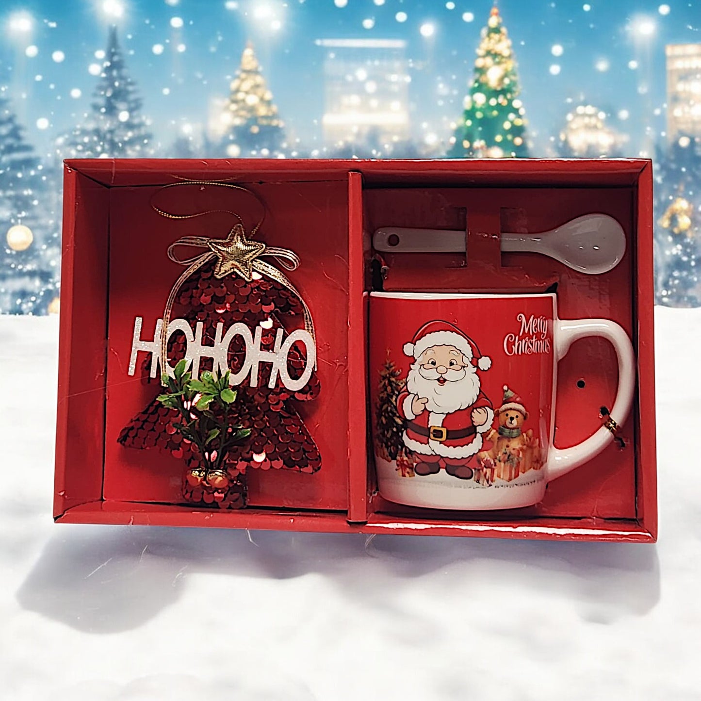 Festive Christmas Mug Set with Ho Ho Ho Decoration