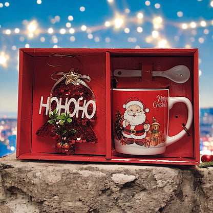 Festive Christmas Mug Set with Ho Ho Ho Decoration