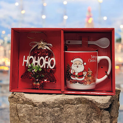 Festive Christmas Mug Set with Ho Ho Ho Decoration