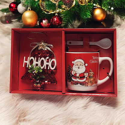 Festive Christmas Mug Set with Ho Ho Ho Decoration