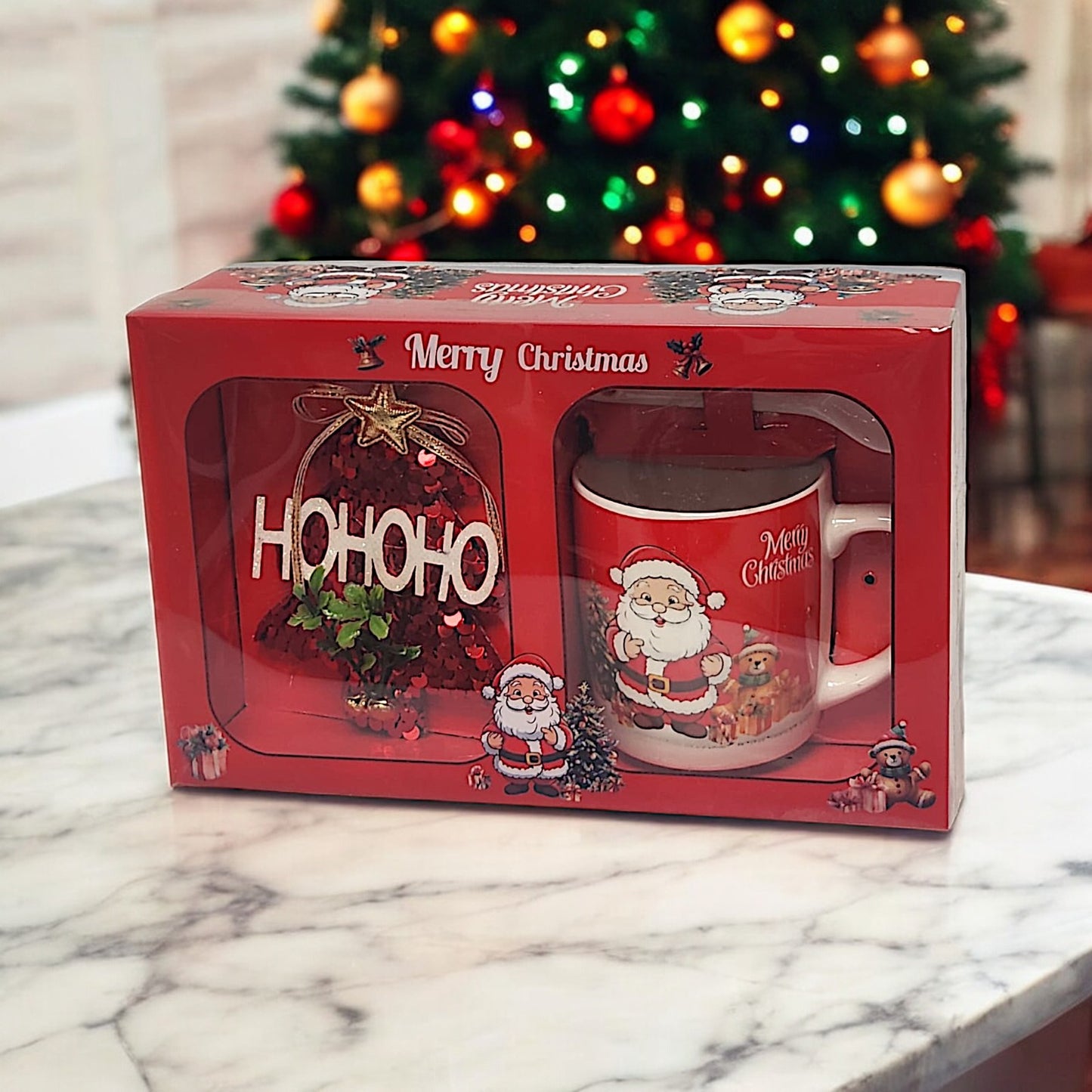 Festive Christmas Mug Set with Ho Ho Ho Decoration