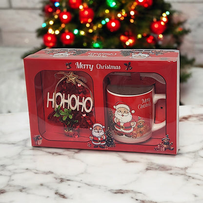 Festive Christmas Mug Set with Ho Ho Ho Decoration