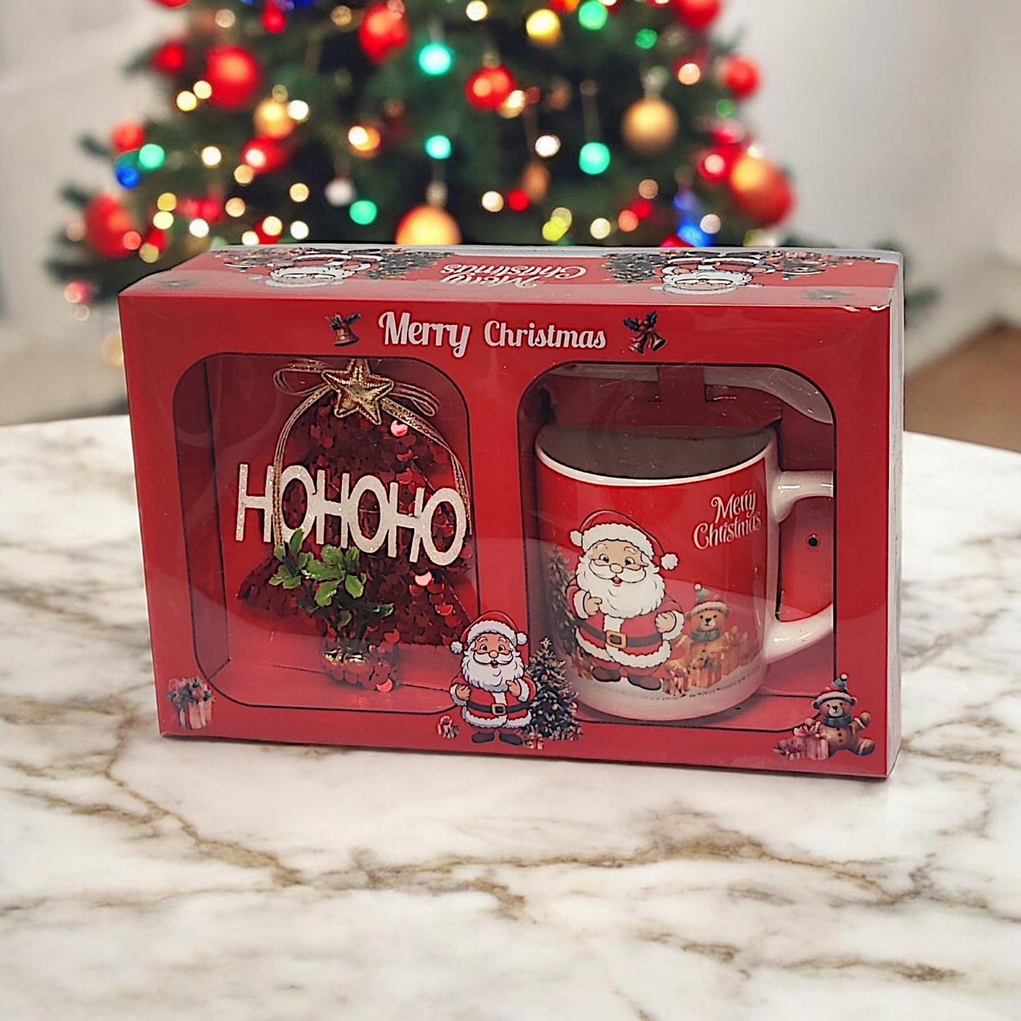 Festive Christmas Mug Set with Ho Ho Ho Decoration