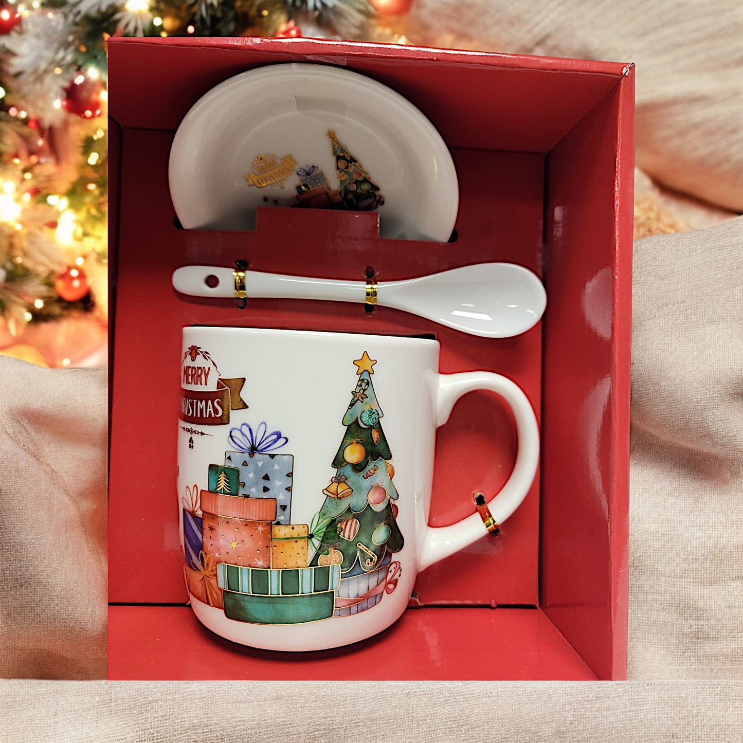 Festive Christmas Mug Sets with Saucer and Spoon - 4 Unique Designs