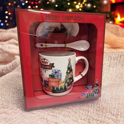 Festive Christmas Mug Sets with Saucer and Spoon - 4 Unique Designs