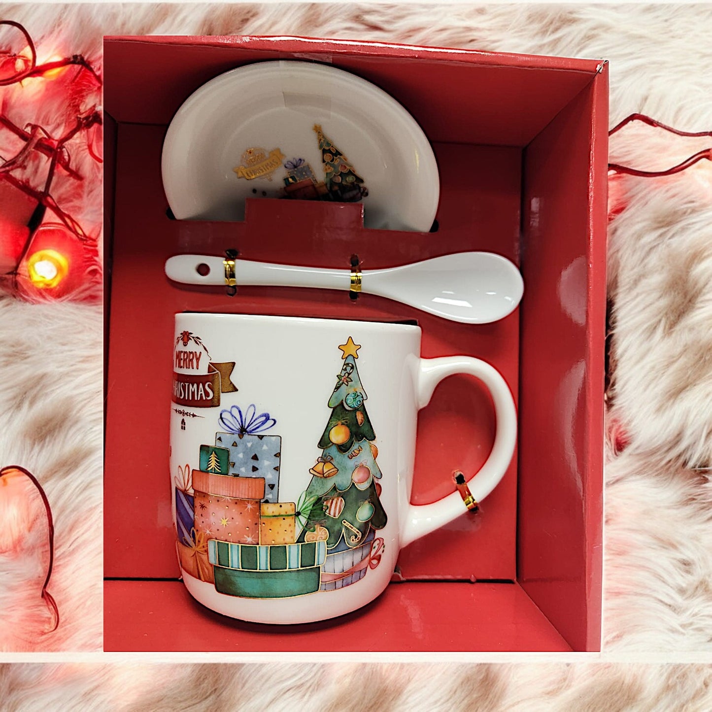 Festive Christmas Mug Sets with Saucer and Spoon - 4 Unique Designs