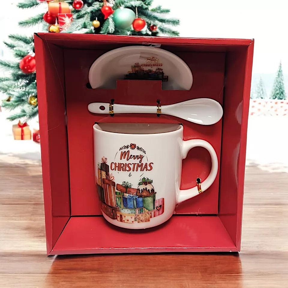 Festive Christmas Mug Sets with Saucer and Spoon - 4 Unique Designs