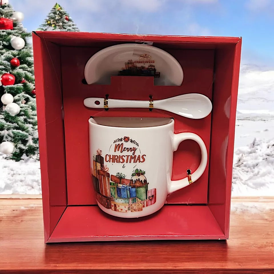 Festive Christmas Mug Sets with Saucer and Spoon - 4 Unique Designs