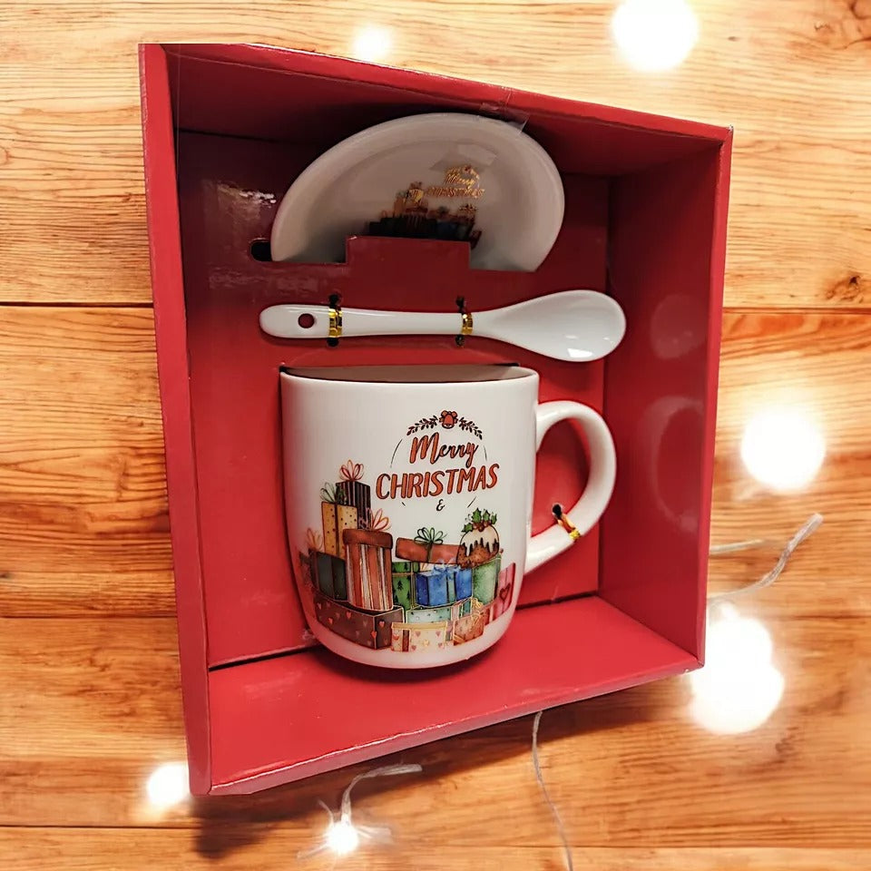 Festive Christmas Mug Sets with Saucer and Spoon - 4 Unique Designs