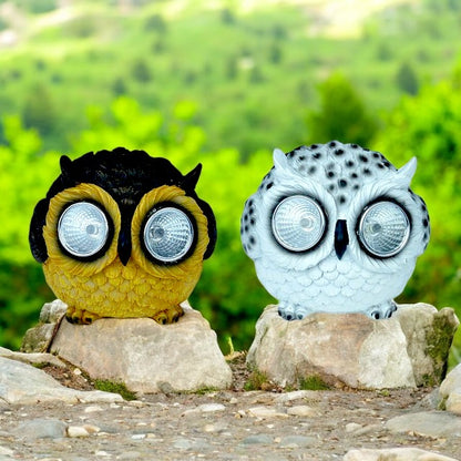 Pack of 2 Solar Owl Garden Ornaments – White & Brown LED Eyes 8cm Outdoor Decorative Lights