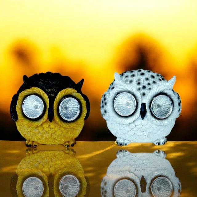 Pack of 2 Solar Owl Garden Ornaments – White & Brown LED Eyes 8cm Outdoor Decorative Lights