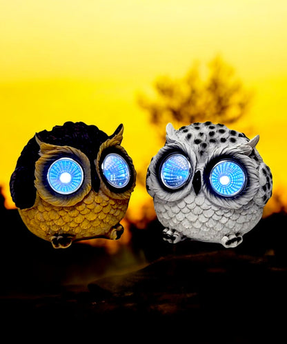 Pack of 2 Solar Owl Garden Ornaments – White & Brown LED Eyes 8cm Outdoor Decorative Lights