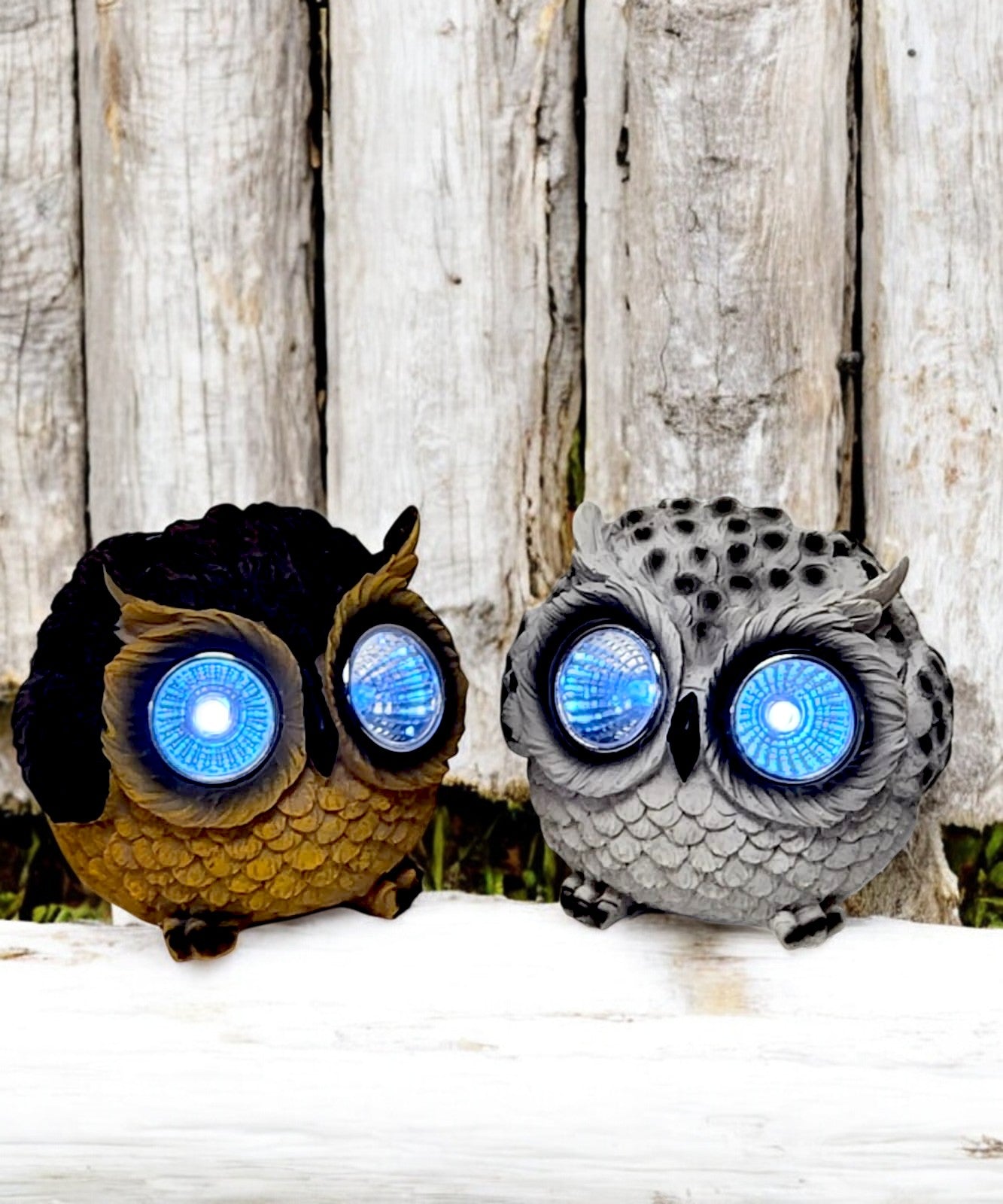 Pack of 2 Solar Owl Garden Ornaments – White & Brown LED Eyes 8cm Outdoor Decorative Lights