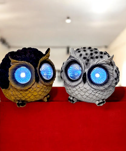 Pack of 2 Solar Owl Garden Ornaments – White & Brown LED Eyes 8cm Outdoor Decorative Lights