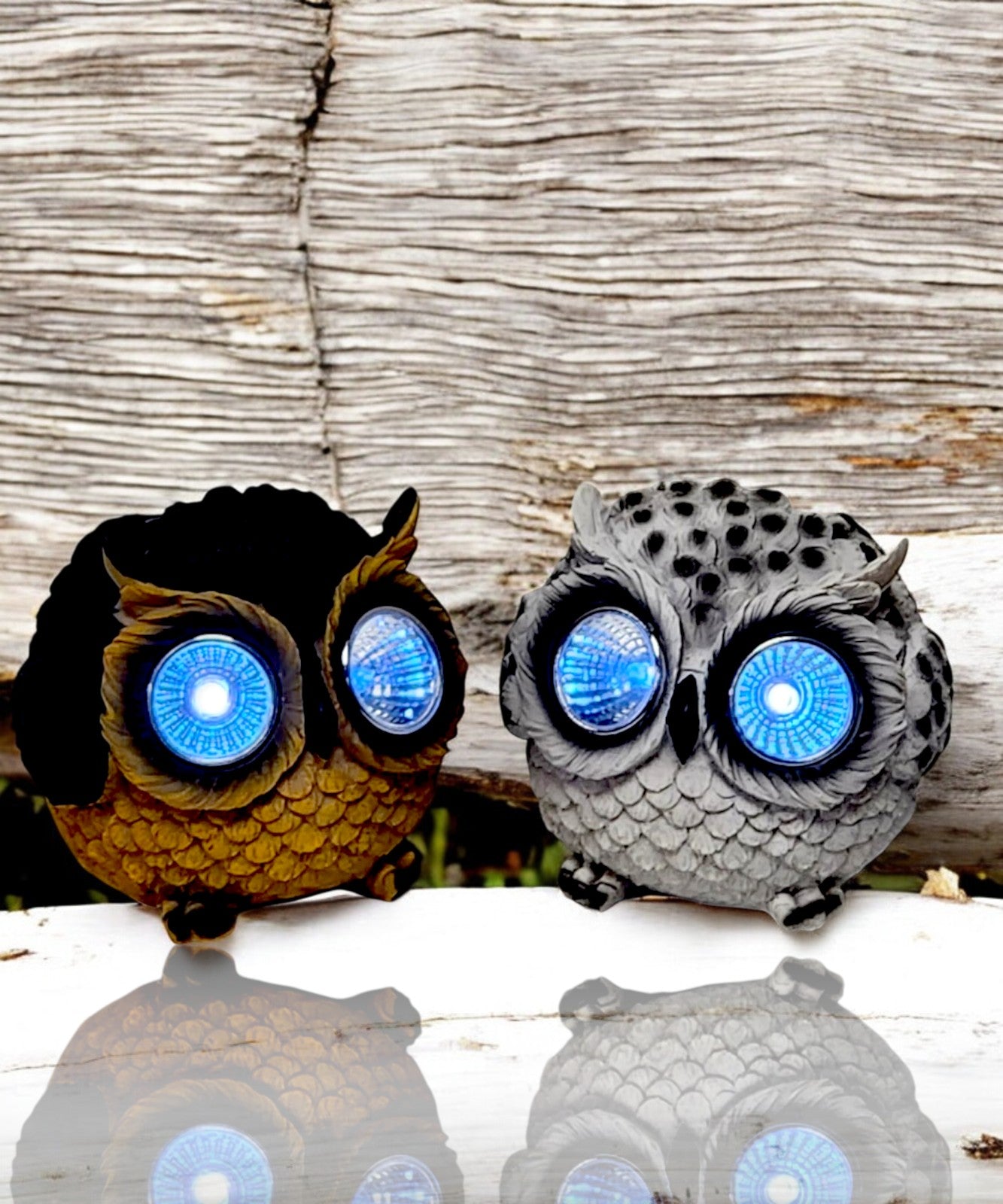 Pack of 2 Solar Owl Garden Ornaments – White & Brown LED Eyes 8cm Outdoor Decorative Lights