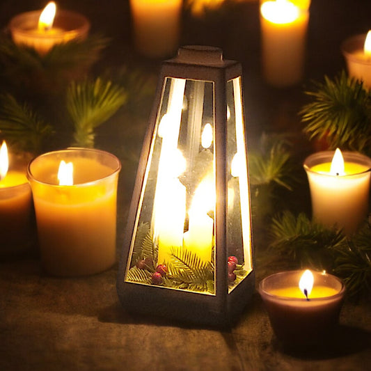 Rustic LED Lantern with Holly and Berries - Warm Glow, Festive Decor, 24x10x10cm