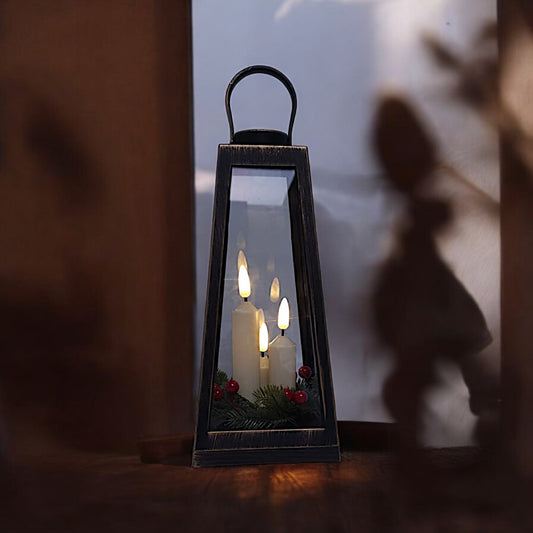 Rustic Farmhouse Lantern - Wooden Tabletop Lantern with LED Lights, 22x10x10cm