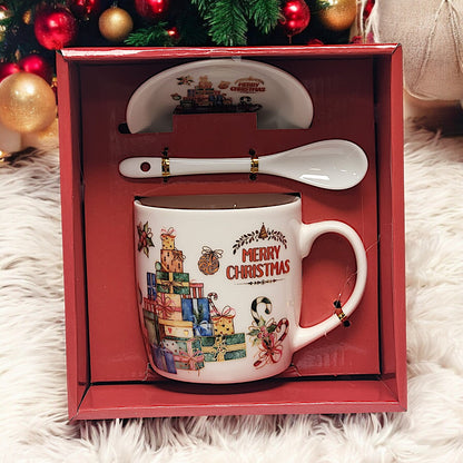 Festive Christmas Mug Sets with Saucer and Spoon - 4 Unique Designs