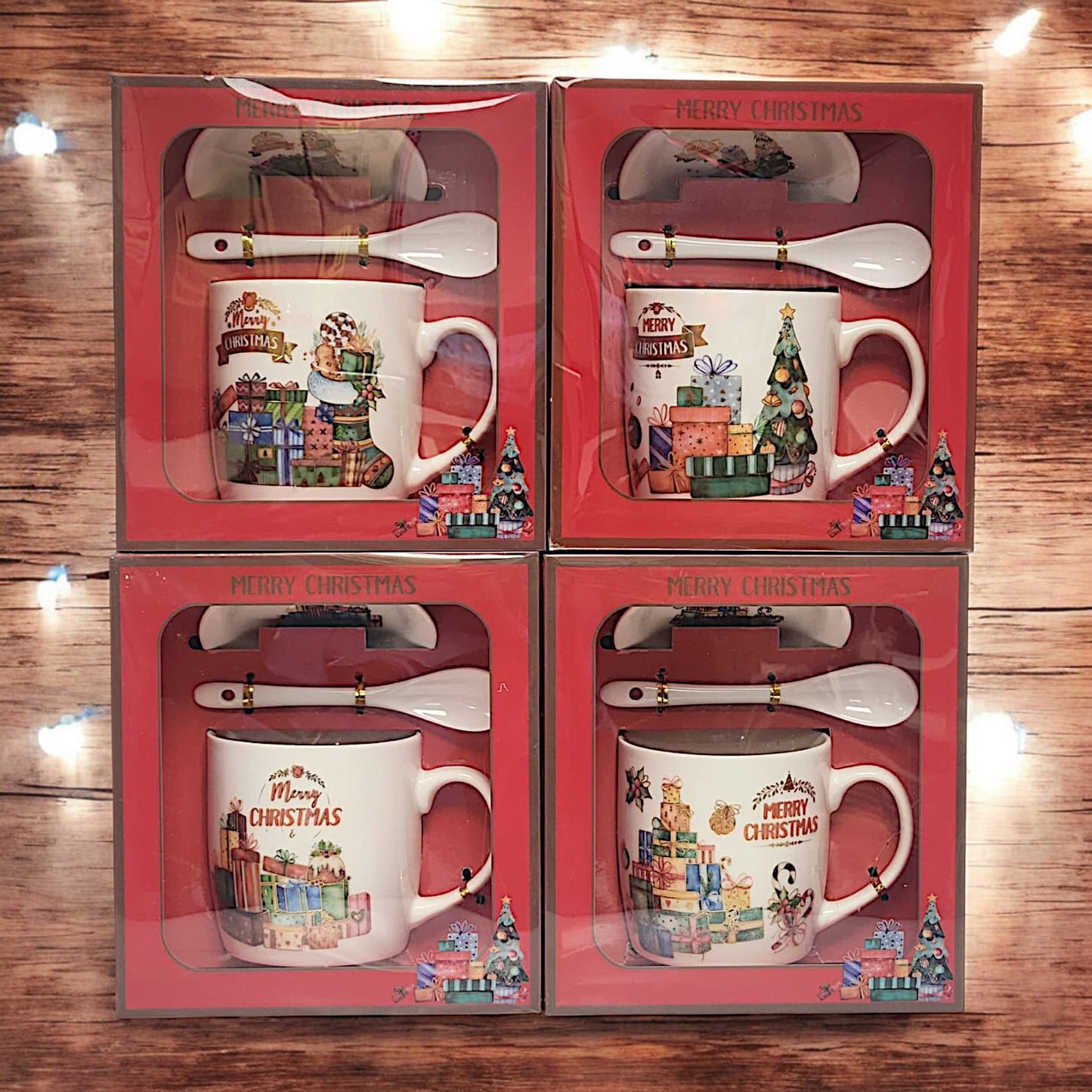 Festive Christmas Mug Sets with Saucer and Spoon - 4 Unique Designs