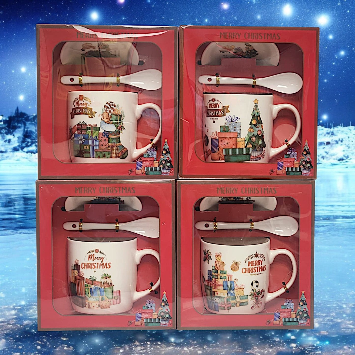 Festive Christmas Mug Sets with Saucer and Spoon - 4 Unique Designs