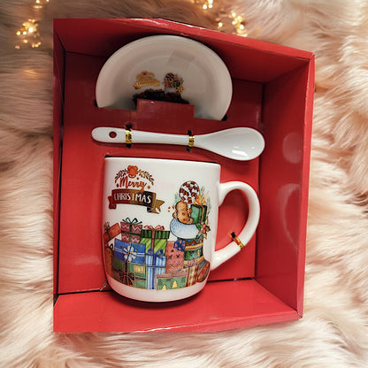 Festive Christmas Mug Sets with Saucer and Spoon - 4 Unique Designs