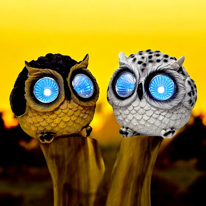 Pack of 2 Solar Owl Garden Ornaments – White & Brown LED Eyes 8cm Outdoor Decorative Lights