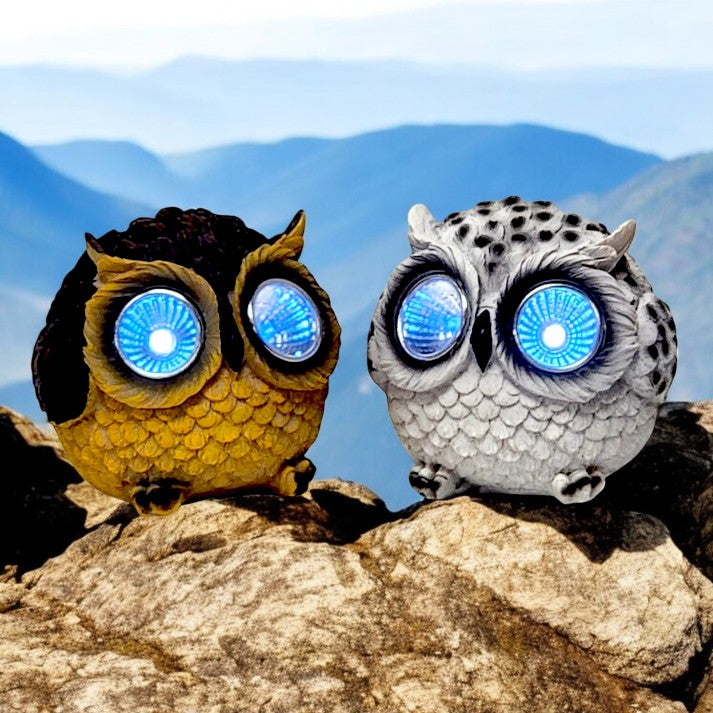 Pack of 2 Solar Owl Garden Ornaments – White & Brown LED Eyes 8cm Outdoor Decorative Lights