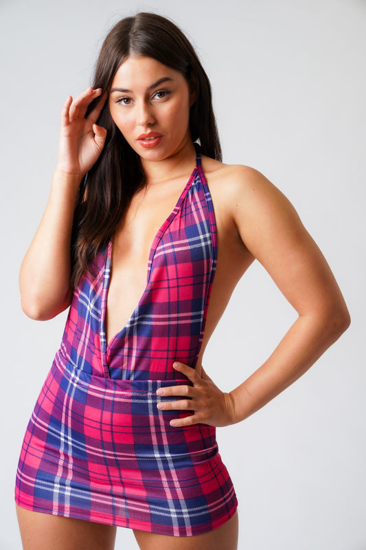 Hannah Tartan Open Back Mini Dress