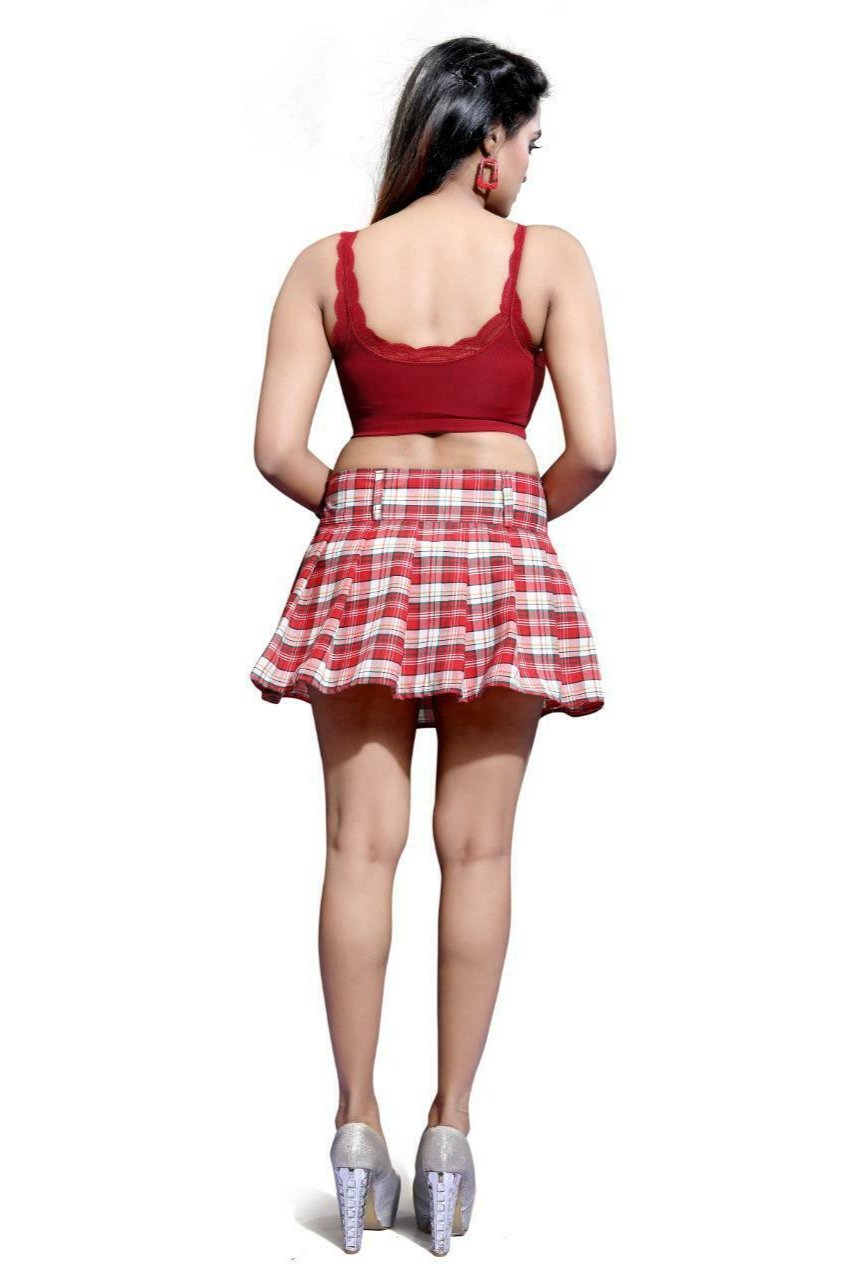 Red & White Check Pleated Mini Skirt