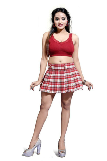 Red & White Check Pleated Mini Skirt