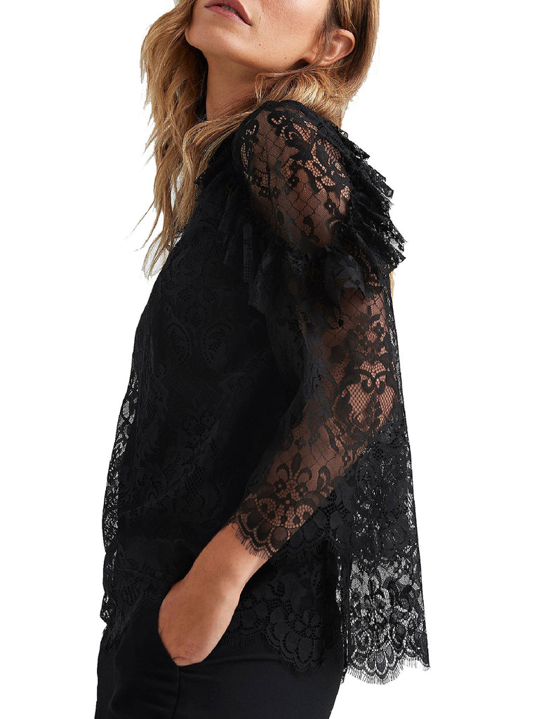 High Neck Lace Top, Black