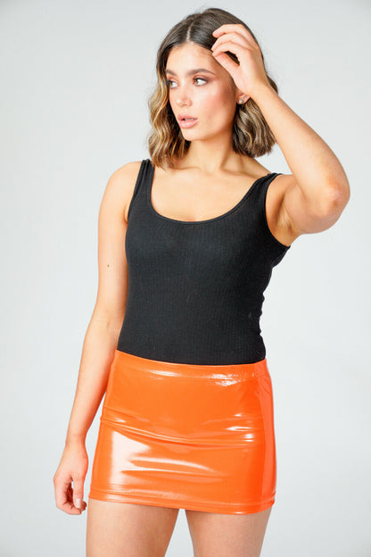 Wetlook Orange Bodycon Skirt